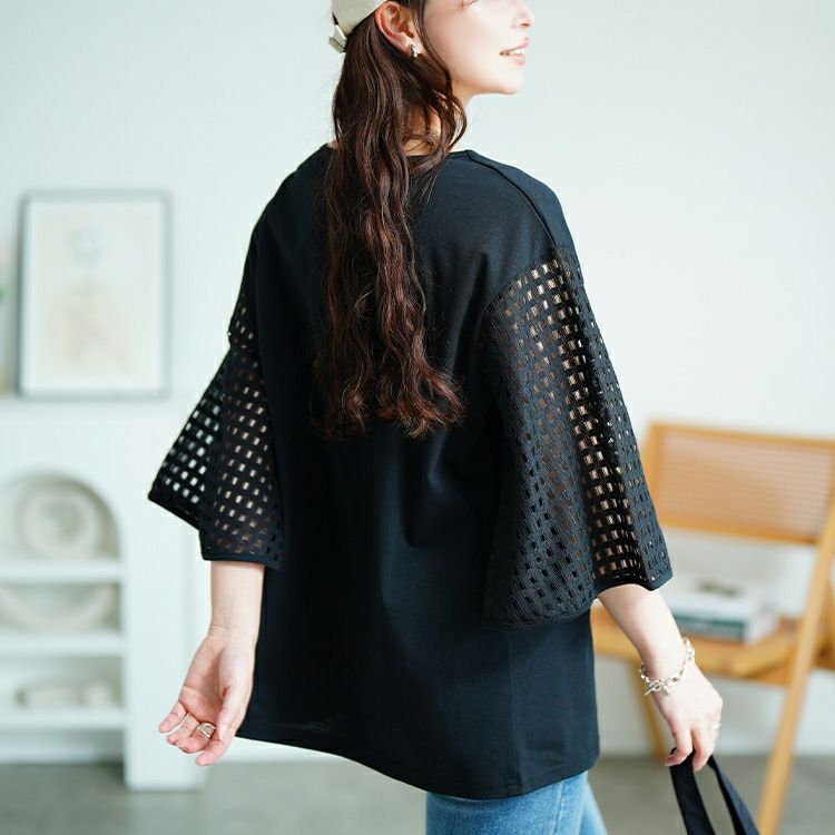 大きいサイズ レディース 格子レースフレアスリーブカットソー　tog-1034 【メール便可】