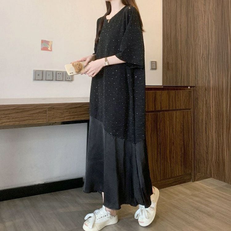 大きいサイズ レディース ラインストーンドット異素材ワンピース　goldy-1698