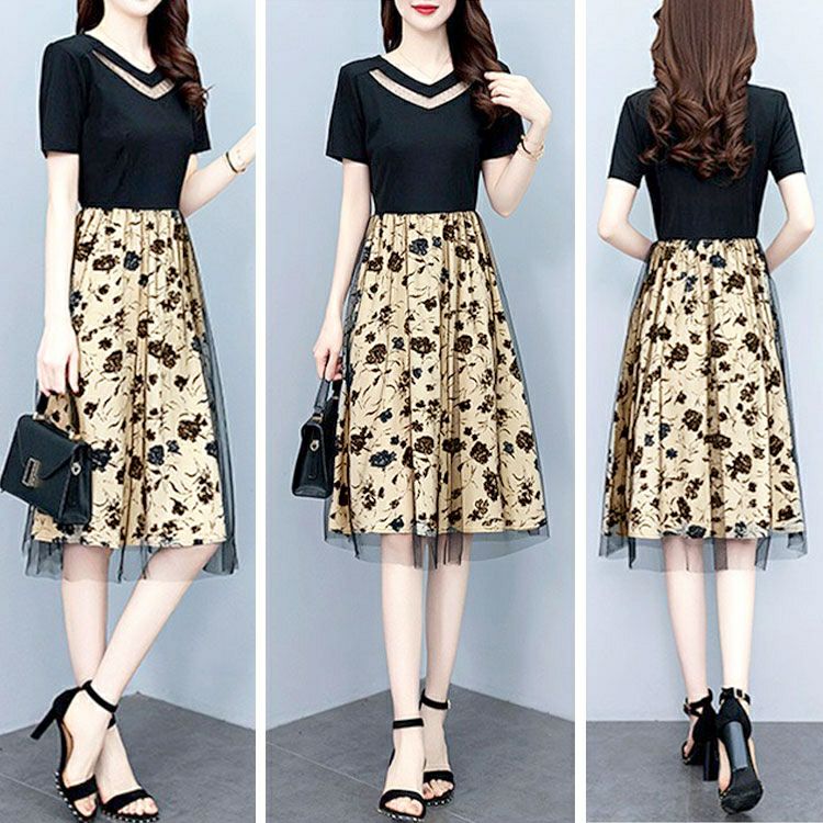 大きいサイズ レディース チュール重ね花柄ドッキングワンピース　goldy-1697【メール便可】