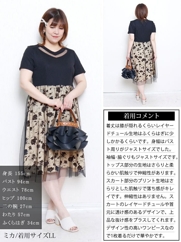 大きいサイズ レディース チュール重ね花柄ドッキングワンピース　goldy-1697【メール便可】