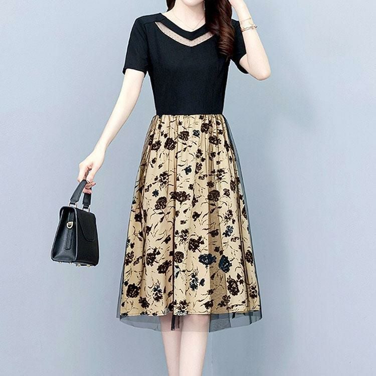 大きいサイズ レディース チュール重ね花柄ドッキングワンピース　goldy-1697【メール便可】 ブラック