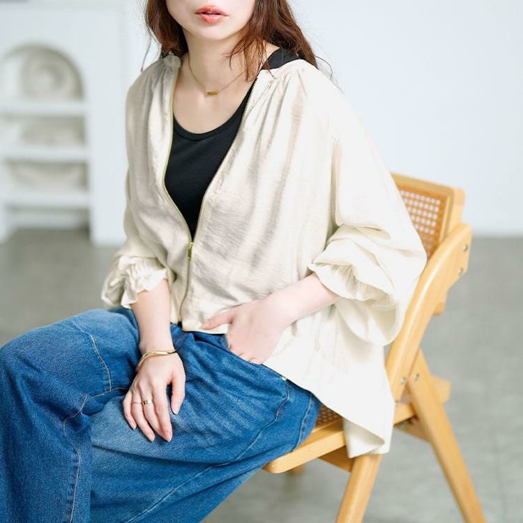 大きいサイズ レディース キャンディースリーブバックギャザーブルゾン　mnfk-858103【メール便可】 アイボリー