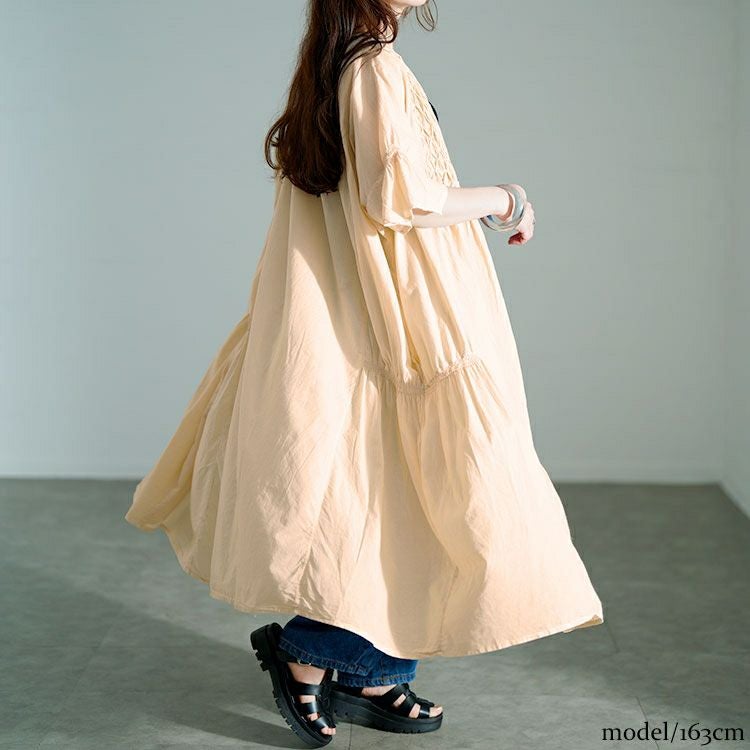 大きいサイズ レディース スモッキング刺繍ロングシャツワンピース　kt-25mi4