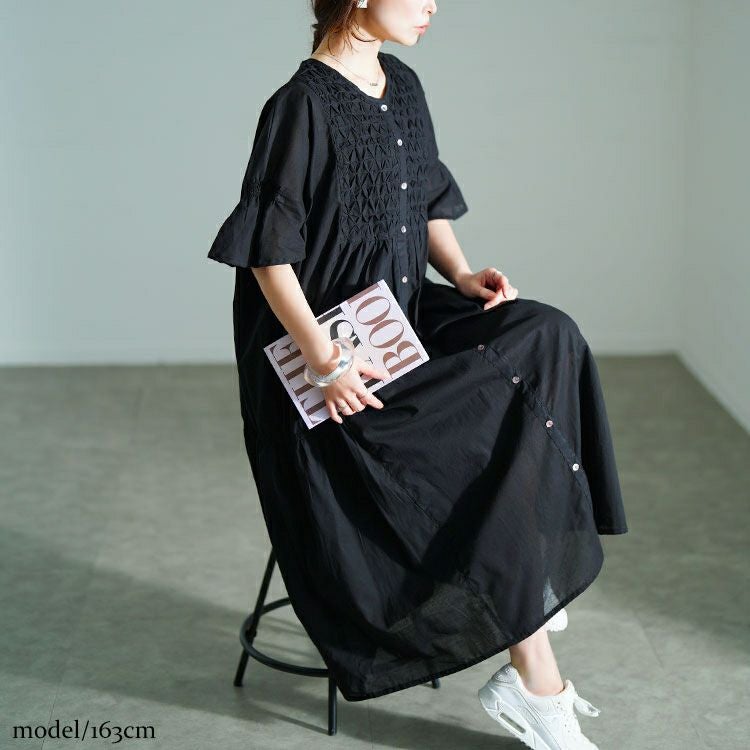 大きいサイズ レディース スモッキング刺繍ロングシャツワンピース　kt-25mi4