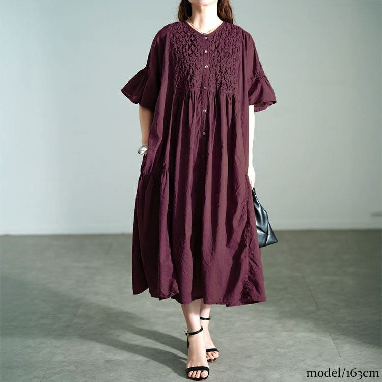 大きいサイズ レディース スモッキング刺繍ロングシャツワンピース　kt-25mi4