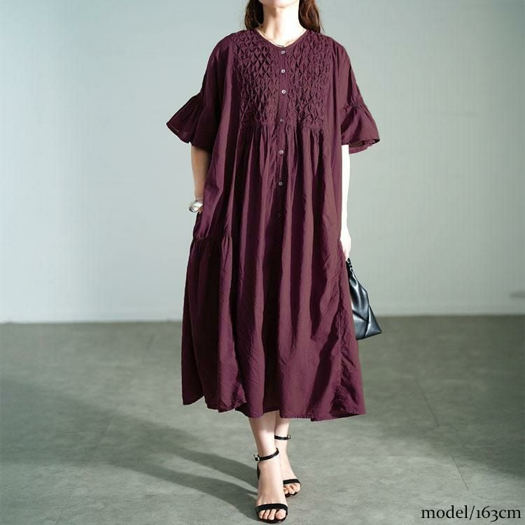 大きいサイズ レディース スモッキング刺繍ロングシャツワンピース　kt-25mi4 パープル