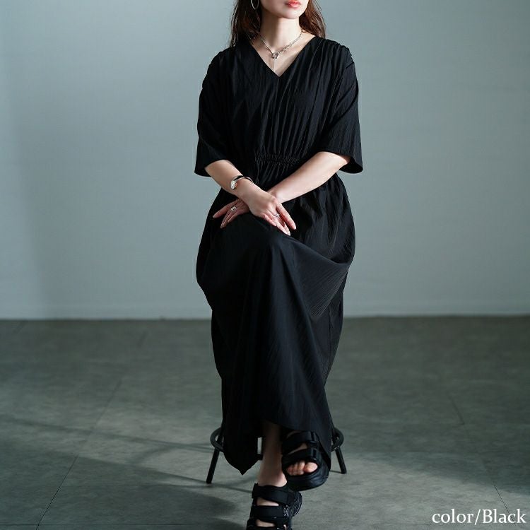 大きいサイズ レディース 接触冷感ギャザーショルダーワンピース　maru-30171