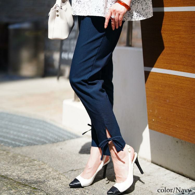 大きいサイズ レディース 裾スリットリボンストレッチスキニーパンツ　tog-1054 【メール便可】 ネイビー