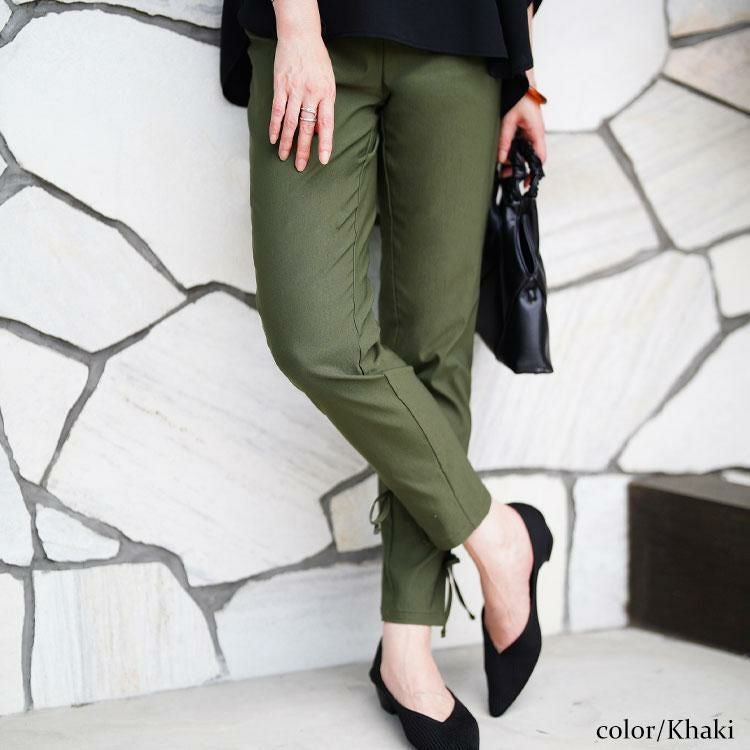 大きいサイズ レディース 裾スリットリボンストレッチスキニーパンツ　tog-1054 【メール便可】 カーキ