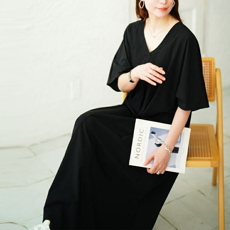 大きいサイズ レディース 深Vネック胸タックワンピース　nw-25034 【メール便可】