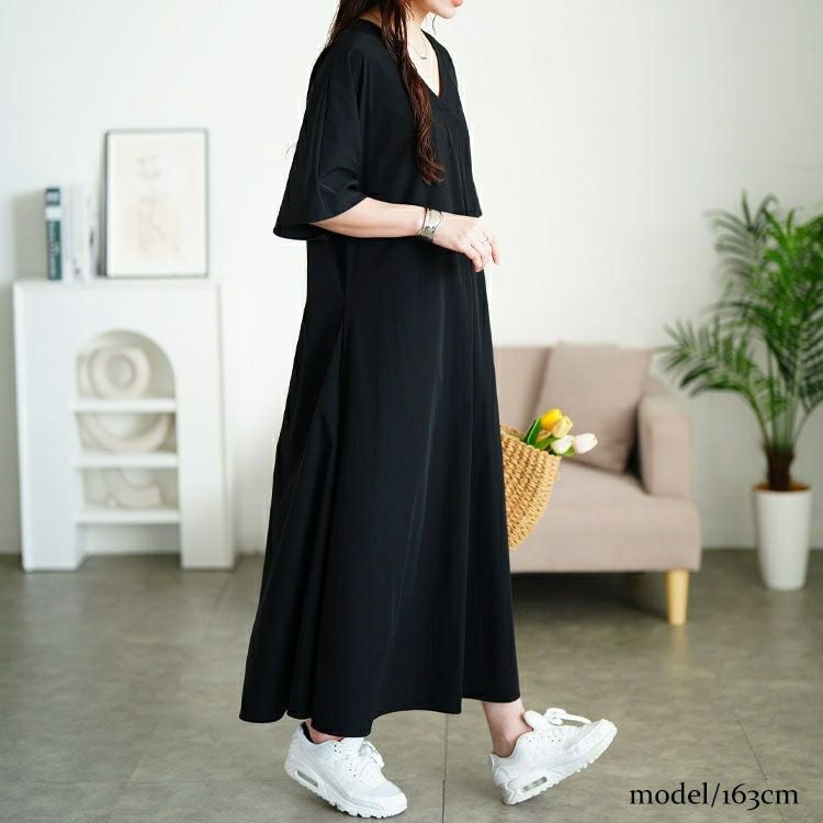 大きいサイズ レディース 深Vネック胸タックワンピース　nw-25034 【メール便可】