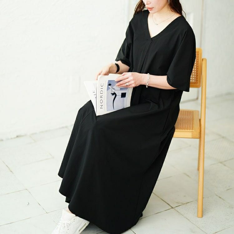 大きいサイズ レディース 深Vネック胸タックワンピース　nw-25034 【メール便可】