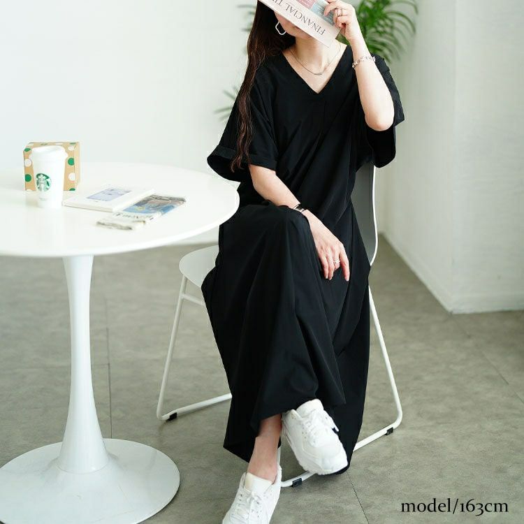 大きいサイズ レディース 深Vネック胸タックワンピース　nw-25034 【メール便可】