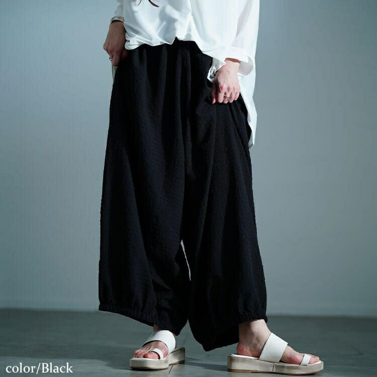 大きいサイズ レディース サッカー裾ギャザーワイドパンツ　nw-25033