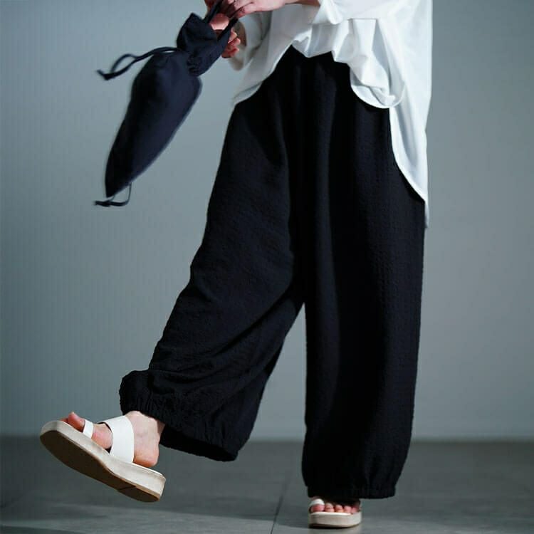 大きいサイズ レディース サッカー裾ギャザーワイドパンツ　nw-25033