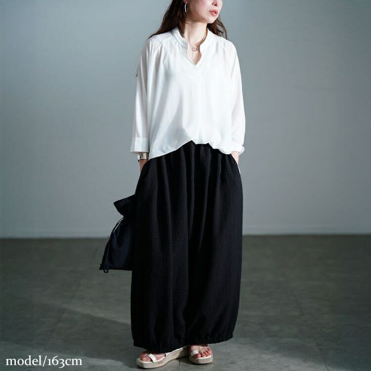 大きいサイズ レディース サッカー裾ギャザーワイドパンツ　nw-25033