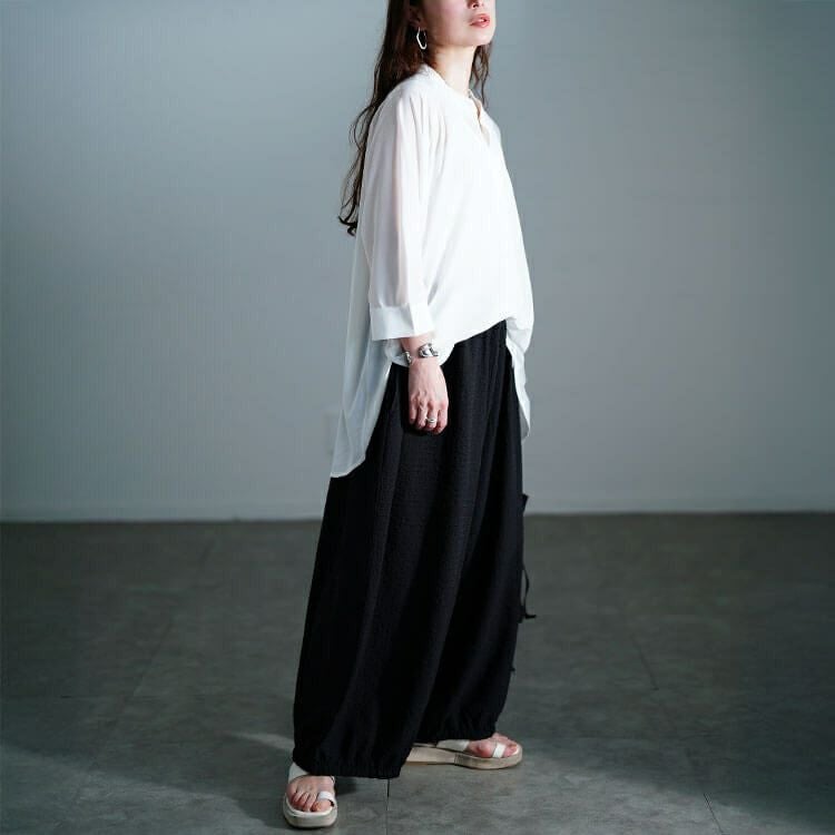 大きいサイズ レディース サッカー裾ギャザーワイドパンツ　nw-25033