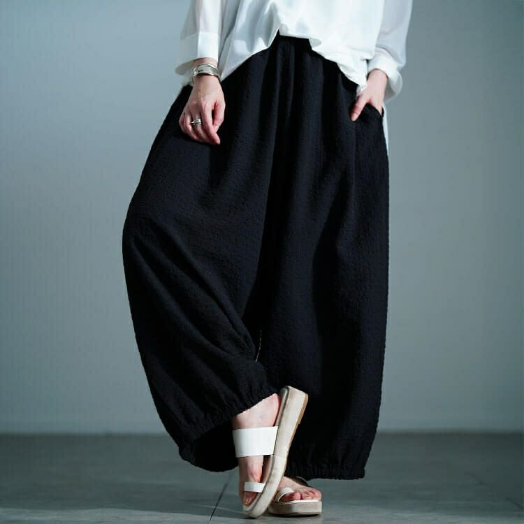 大きいサイズ レディース サッカー裾ギャザーワイドパンツ　nw-25033