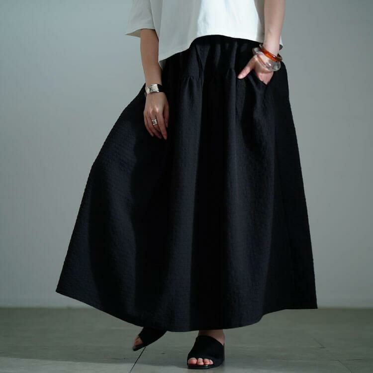 大きいサイズ レディース サッカー切り替えフレアスカート　nw-25032 ブラック