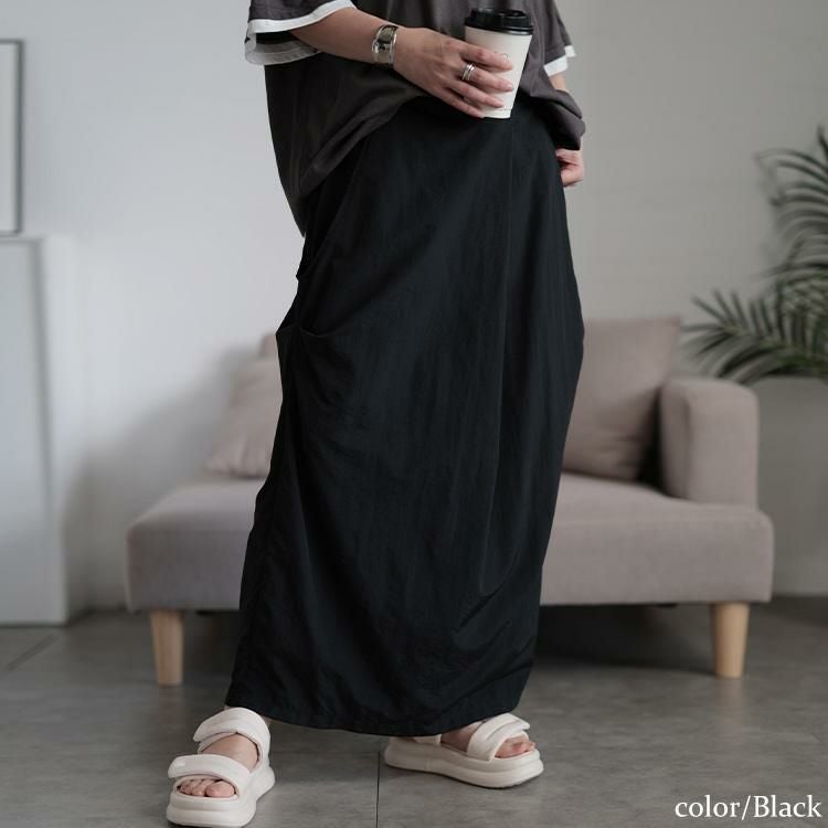 大きいサイズ レディース フロントタックナイロンナロースカート　nw-25031 【メール便可】 ブラック