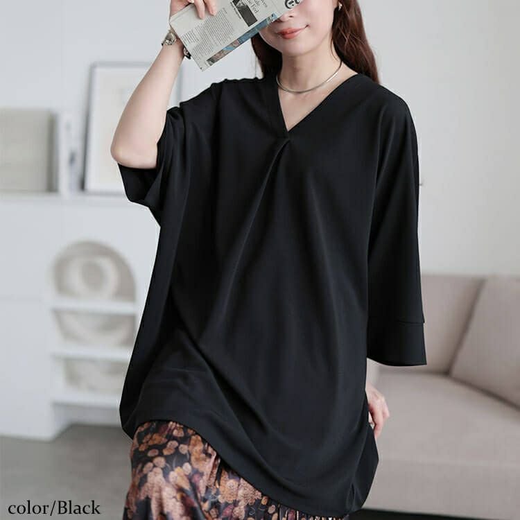 大きいサイズ レディース 接触冷感Vネック胸タックチュニック　nw-25027