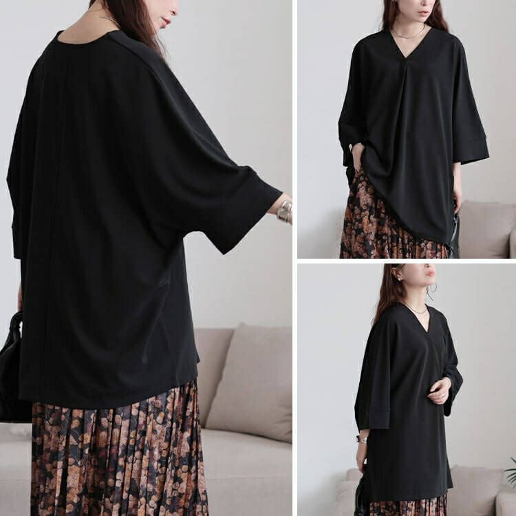 大きいサイズ レディース 接触冷感Vネック胸タックチュニック　nw-25027