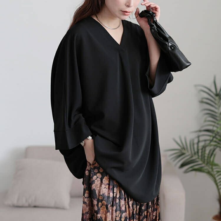 大きいサイズ レディース 接触冷感Vネック胸タックチュニック　nw-25027