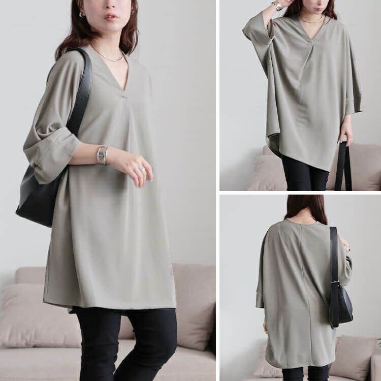 大きいサイズ レディース 接触冷感Vネック胸タックチュニック　nw-25027