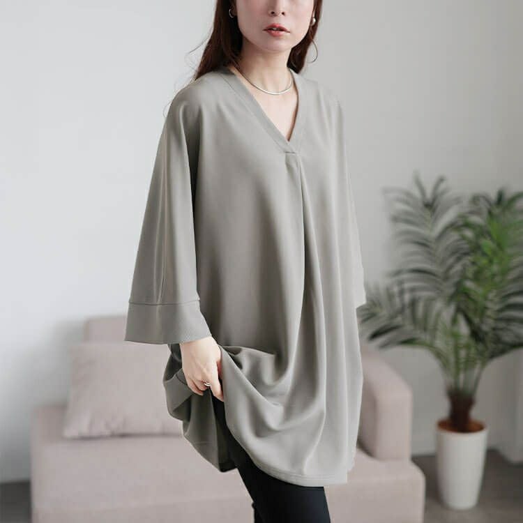 大きいサイズ レディース 接触冷感Vネック胸タックチュニック　nw-25027