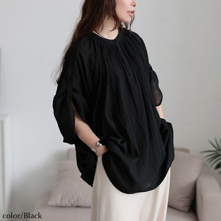 大きいサイズ レディース バンドカラー袖ドロストコットンチュニック　sw-0782 【メール便可】