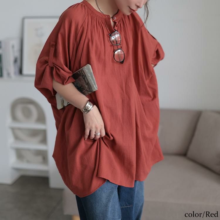 satominntobechic大きいサイズ44♥︎ストレッチチュニック 大きいサイズ レディース バンドカラー袖ドロストコットンチュニック