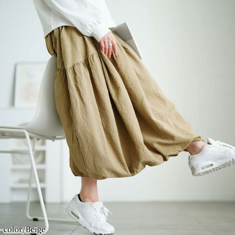 大きいサイズ レディース サッカー切り替えバルーンスカート　sw-0762 ベージュ