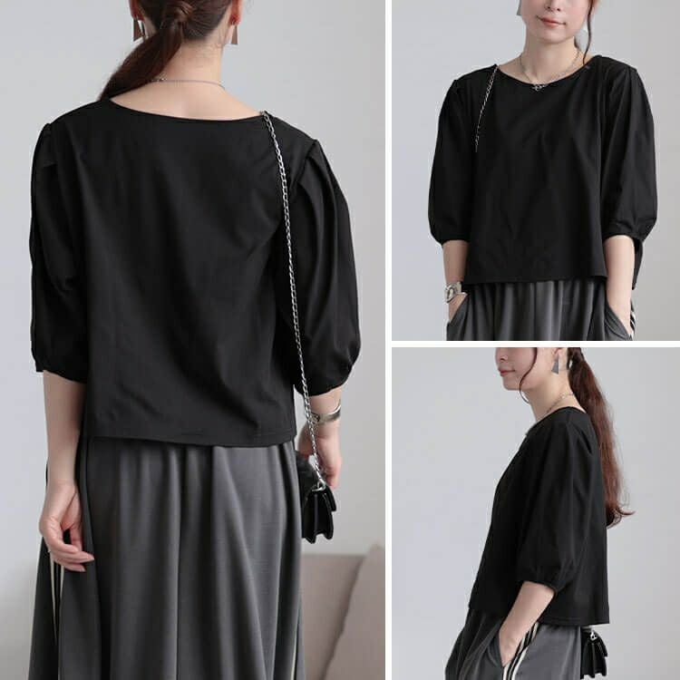 大きいサイズ レディース クロップド丈ランタンスリーブTシャツ　maru-30188 【メール便可】