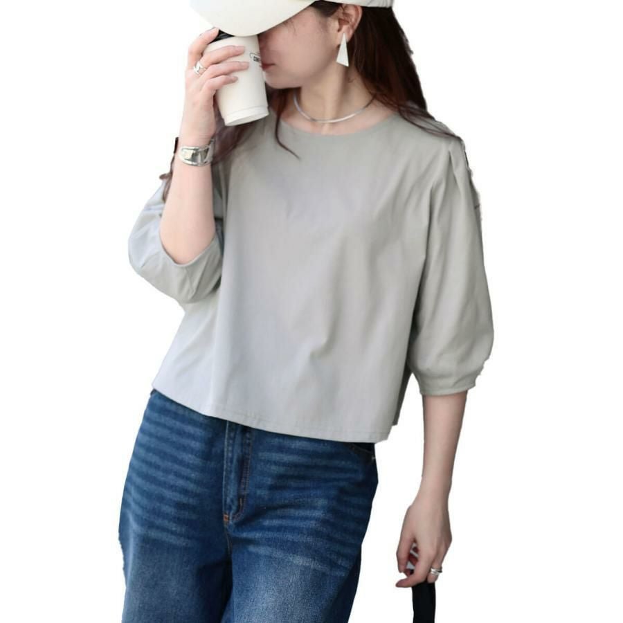 大きいサイズ レディース クロップド丈ランタンスリーブTシャツ　maru-30188 【メール便可】 グレー
