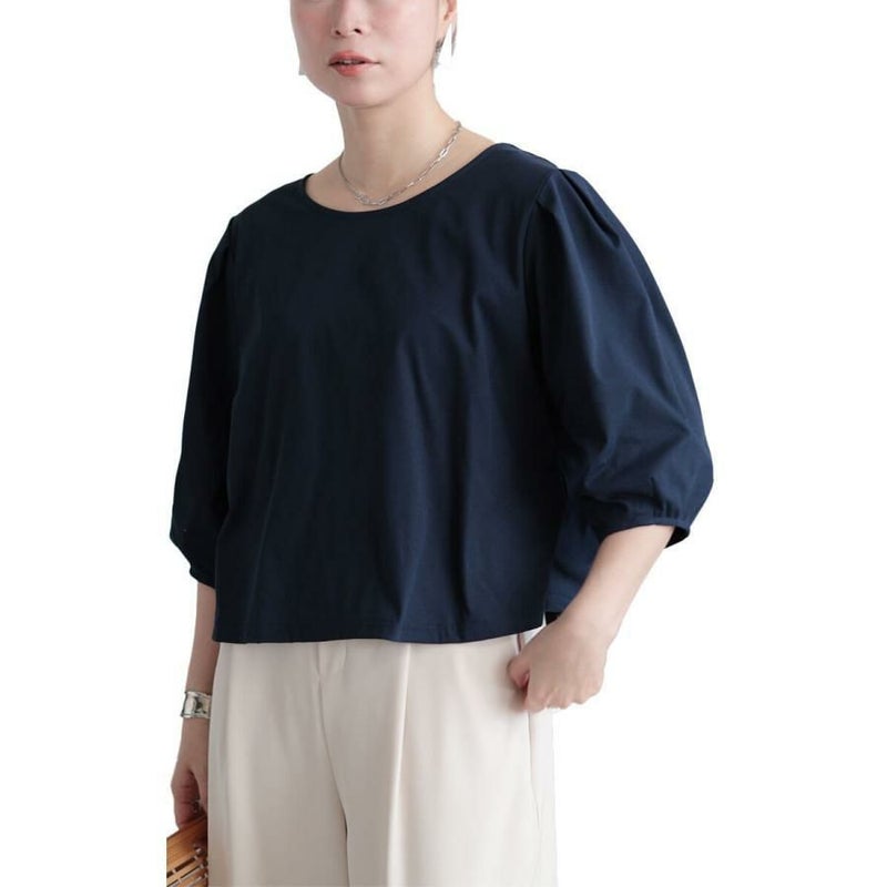 大きいサイズ レディース クロップド丈ランタンスリーブTシャツ　maru-30188 【メール便可】 ネイビー