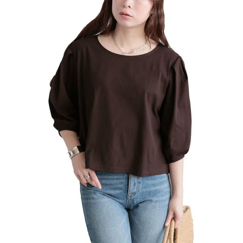 大きいサイズ レディース クロップド丈ランタンスリーブTシャツ　maru-30188 【メール便可】 ブラウン
