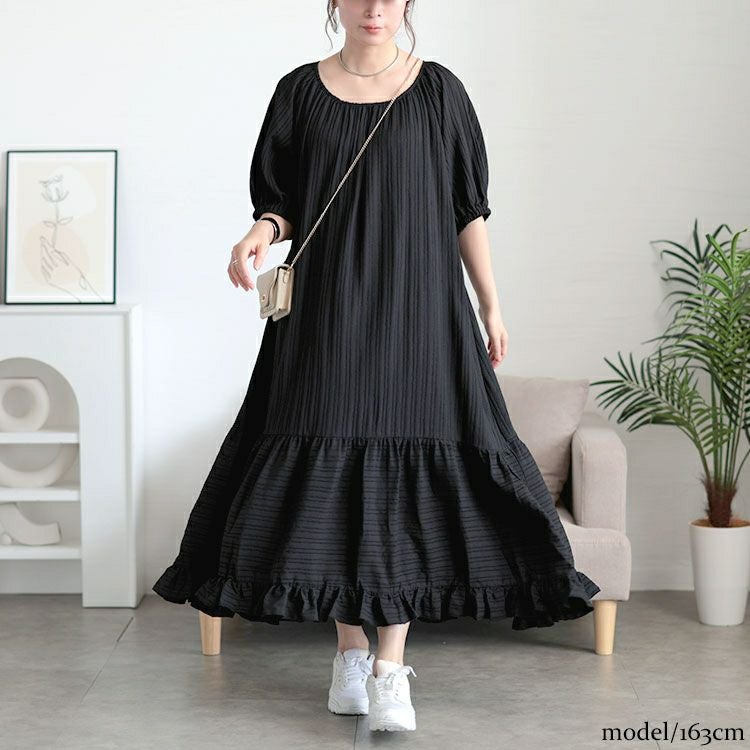 大きいサイズ レディース ストライプドビーティアードフリルワンピース　maru-30170