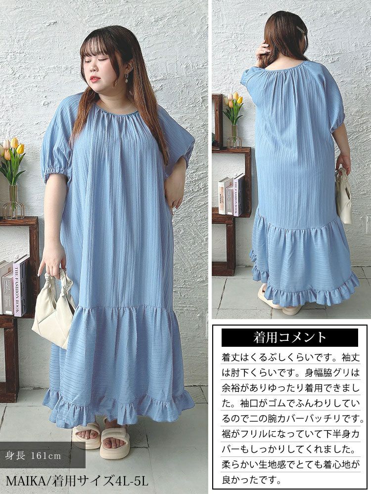 大きいサイズ レディース ストライプドビーティアードフリルワンピース　maru-30170