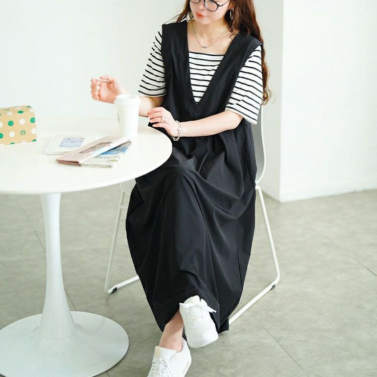 大きいサイズ レディース フェイクレイヤードタックジャンパースカート　maru-30169