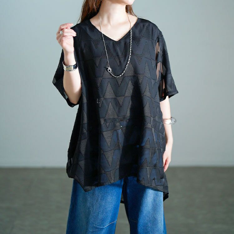 大きいサイズ レディース 幾何学柄Vネックコクーンチュニック　maru-30168 【メール便可】