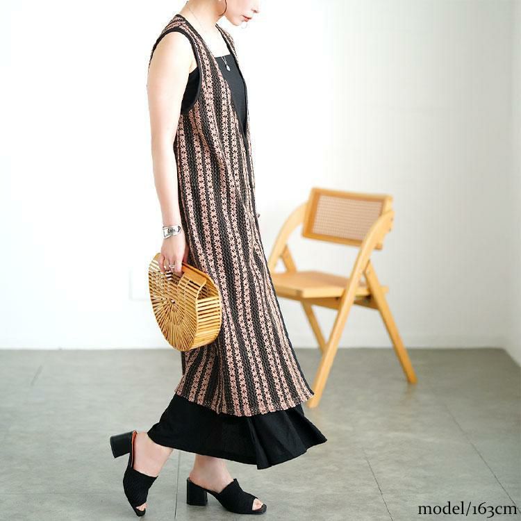 大きいサイズ レディース クロッシェ編みツートンレースロングジレ　maru-30157 ブラック×モカ