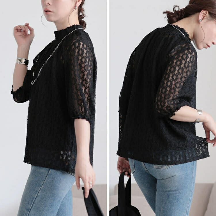 大きいサイズ レディース ストレッチレースハイネックプルオーバー　maru-30156 【メール便可】