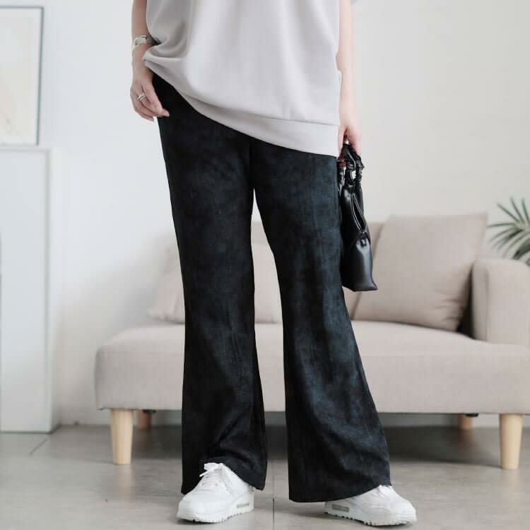 大きいサイズ レディース ムラ染クラッシュ加工フレアパンツ　maru-30154 【メール便可】 ブラック