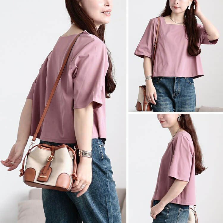 大きいサイズ レディース クロップド丈ワイドスクエアネックTシャツ　maru-30152 【メール便可】