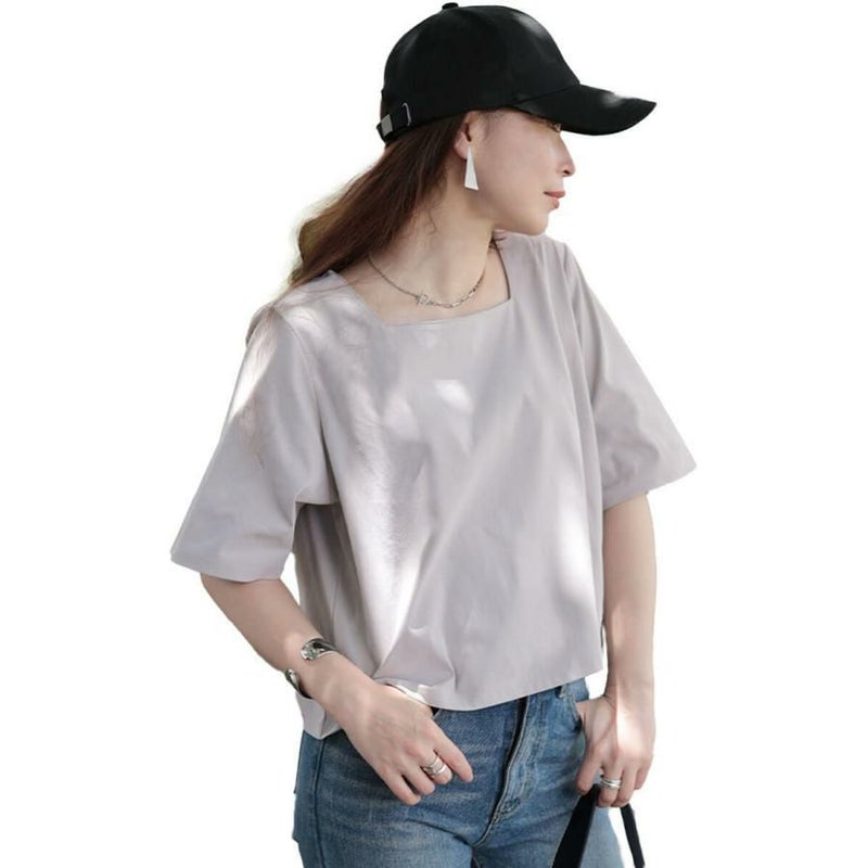 大きいサイズ レディース クロップド丈ワイドスクエアネックTシャツ　maru-30152 【メール便可】 グレー