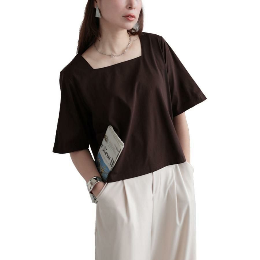 大きいサイズ レディース クロップド丈ワイドスクエアネックTシャツ　maru-30152 【メール便可】 ブラウン