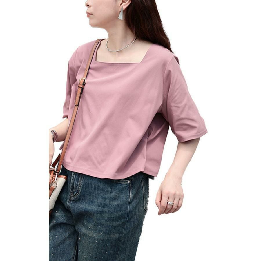 大きいサイズ レディース クロップド丈ワイドスクエアネックTシャツ