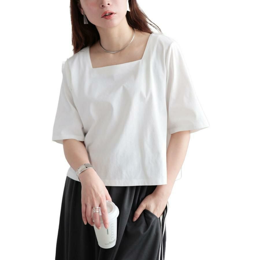 大きいサイズ レディース クロップド丈ワイドスクエアネックTシャツ　maru-30152 【メール便可】 オフホワイト