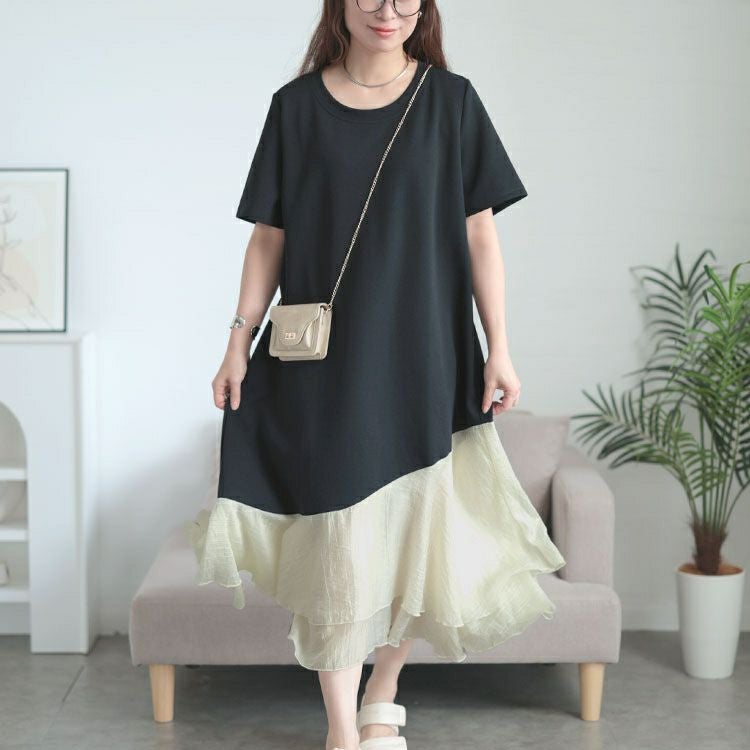 大きいサイズ レディース 異素材ドッキングロングワンピース　goldy-1706