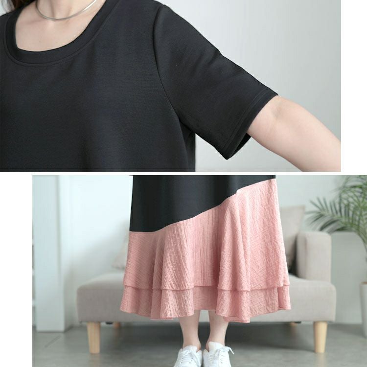 大きいサイズ レディース 異素材ドッキングロングワンピース　goldy-1706